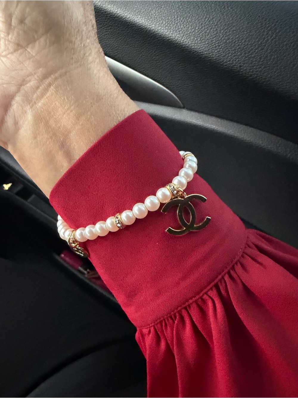 Vintage Napier Faux Pearl Bracelet Gold-tone with CC charms